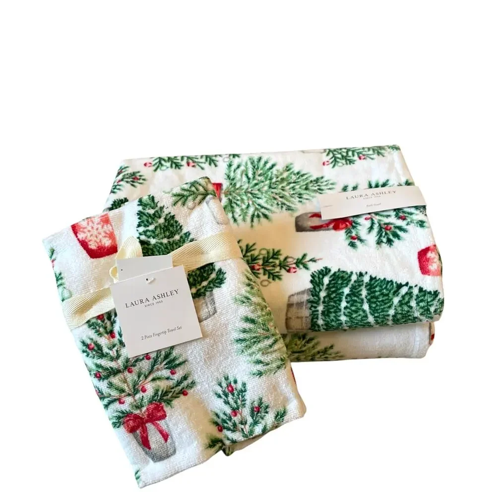 4pc Laura Ashley Christmas Tree Towel Set 2 Finger Tip 2 Bath Cotton New
